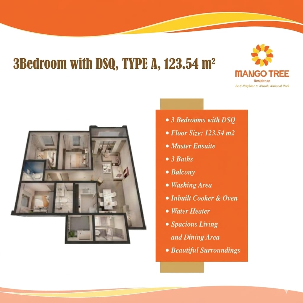Type A three-bedroom apartment floor plan at Mango Tree Residence, Syokimau